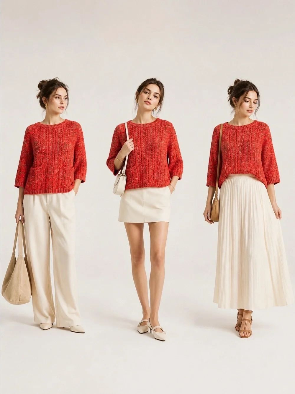 Moth Coral Textured Crewneck Sweater with Patch Pockets
